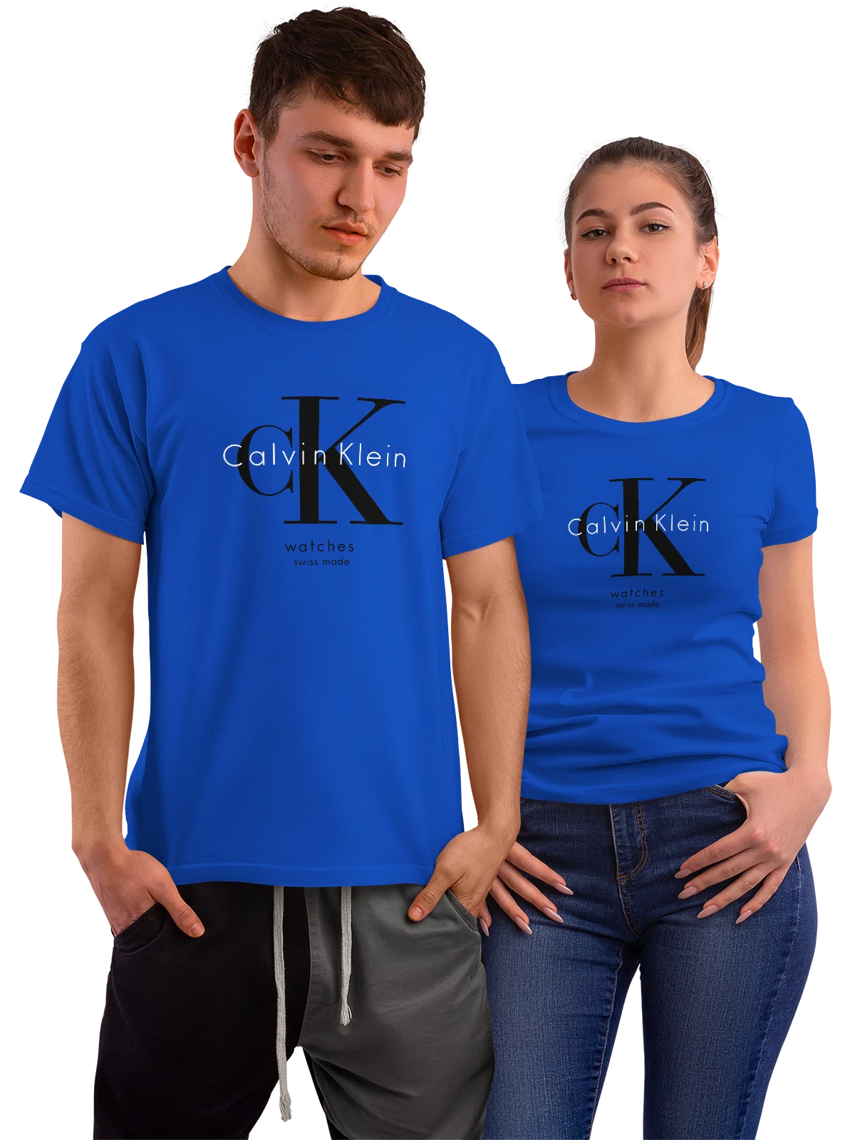 Футболка Calvin Klein синяя с принтом — контрастная типографика — Синяя, фото 1