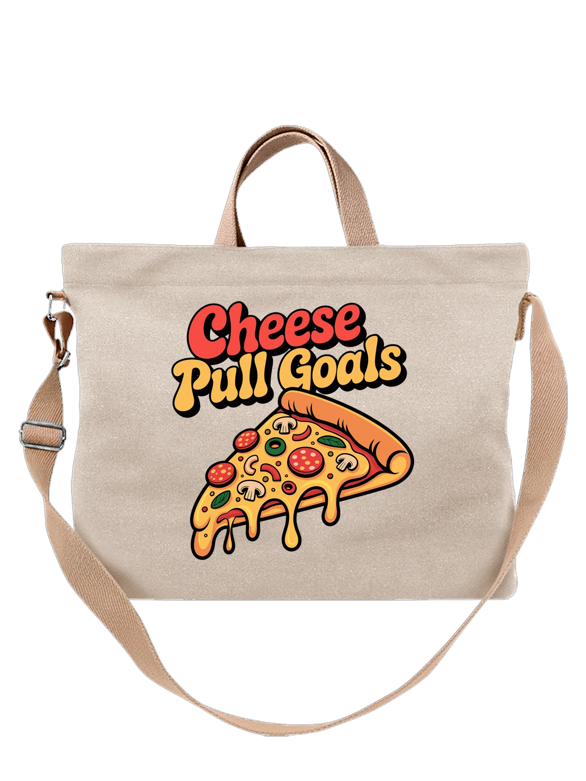 Сумка бежевая с принтом Кусок пиццы Cheese Pull Goals — фастфуд — Бежевая, фото 1