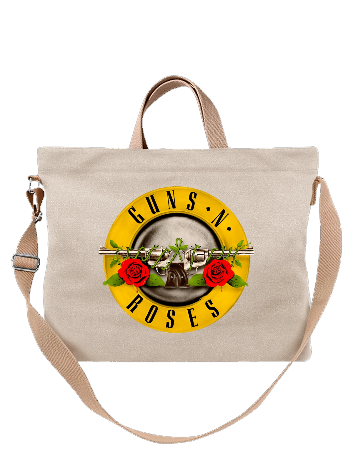 Сумка бежевая с принтом Guns N Roses с пистолетом и розами — американская рок-группа — Бежевая, фото 1