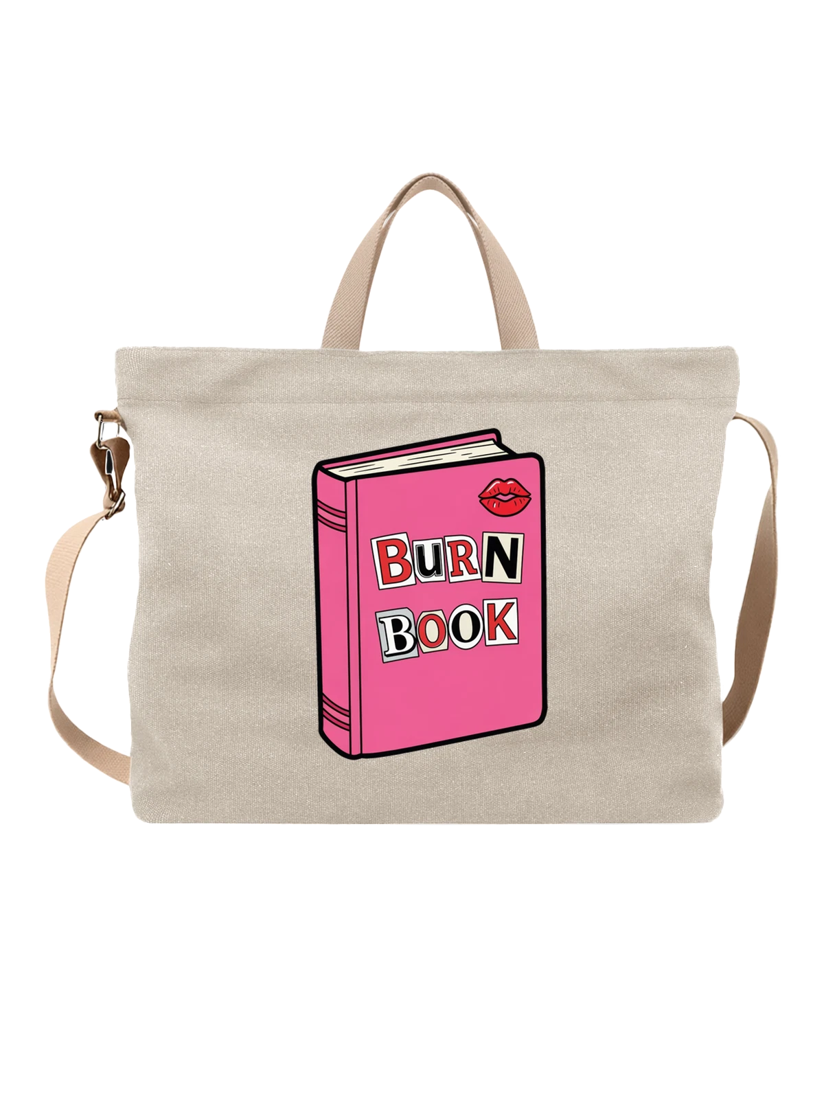 Сумка бежевая с принтом Розовая книга Burn Book с губами — стиль комикс — Бежевая, фото 1