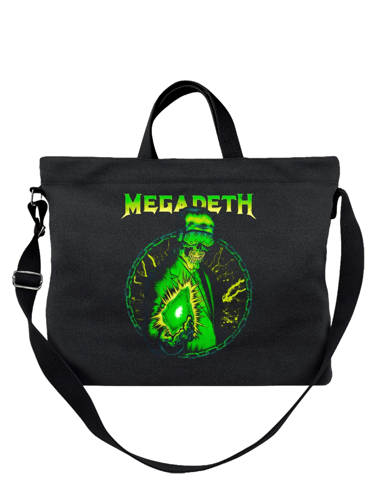 Сумка чёрная с принтом Megadeth зеленый рок-музыкант в маске — рок дизайн — Чёрная, фото 1