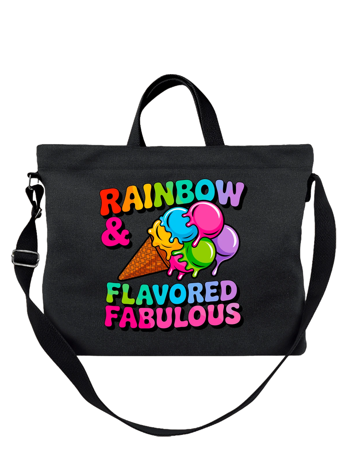 Сумка чёрная с принтом с мороженым в рожках и надписью FLAVORED FABULOUS — надпись — Чёрная, фото 1