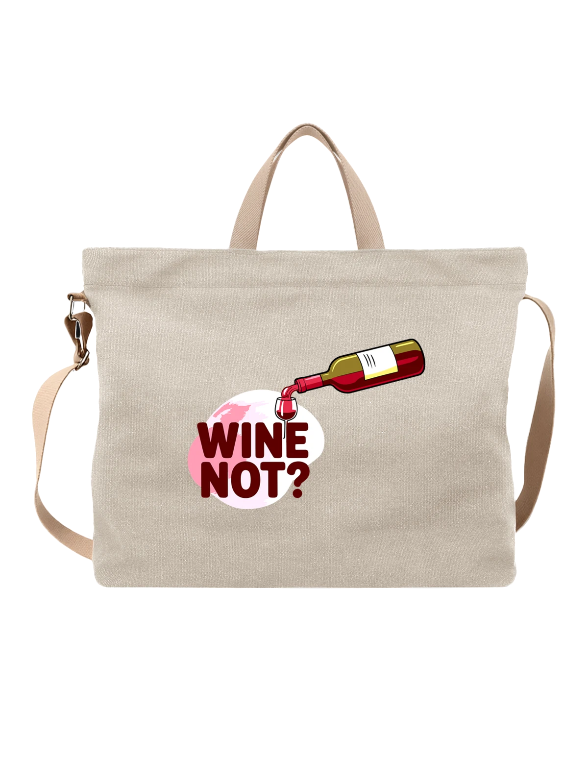 Сумка бежевая с принтом Wine Not с бутылкой и бокалом вина — надпись wine not — Бежевая, фото 1