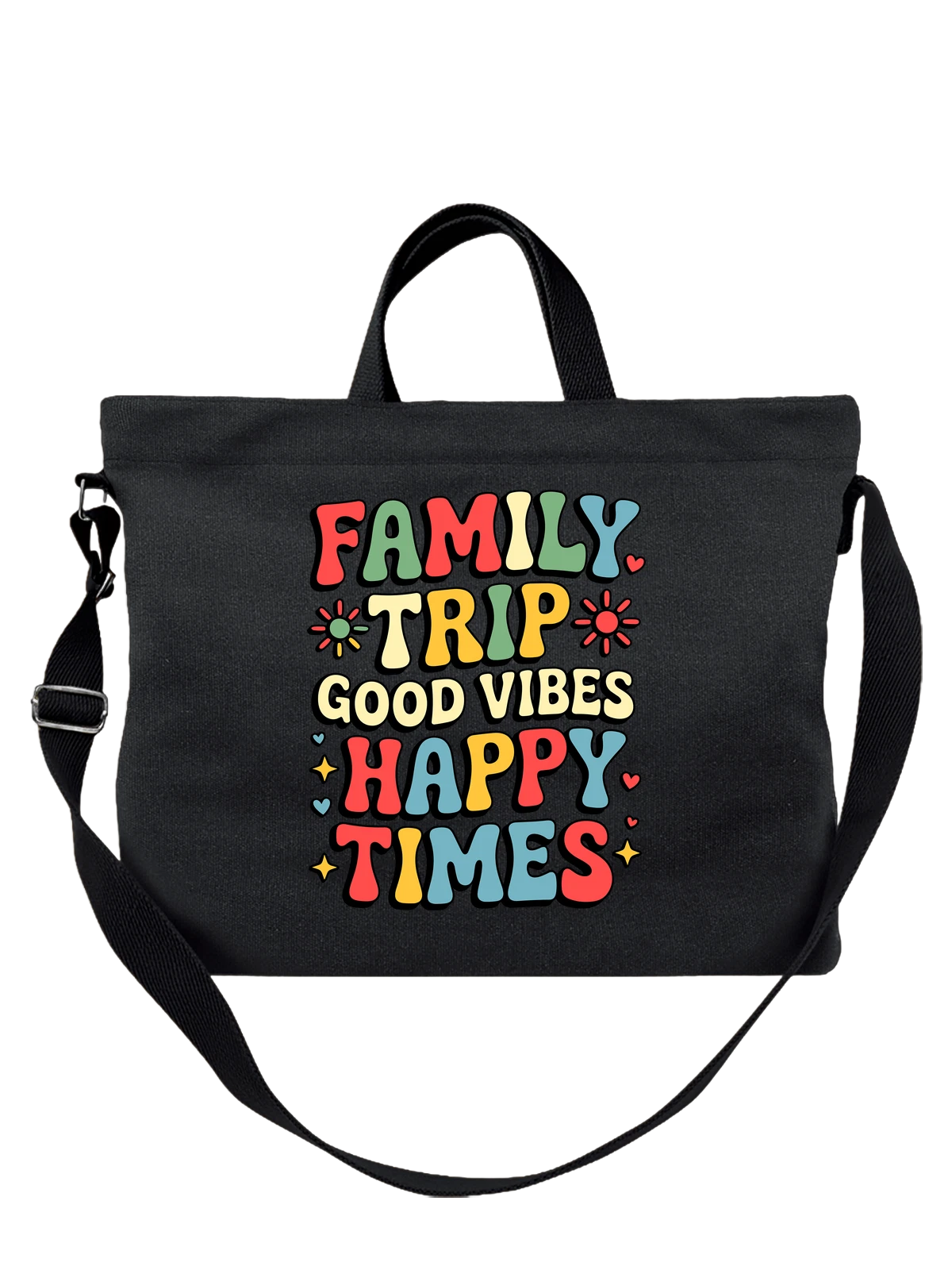 Сумка чёрная с принтом Family Trip Good Vibes Happy Times — сердечки — Чёрная, фото 1