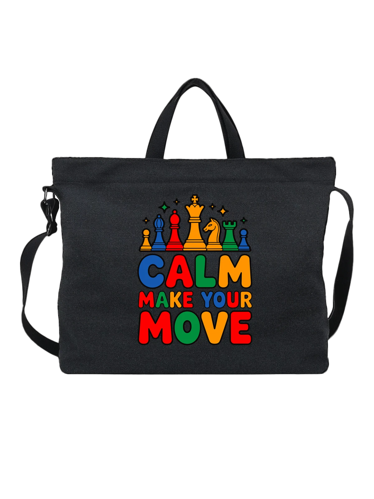 Сумка чёрная с принтом Шахматные фигуры CALM MAKE YOUR MOVE — игра — Чёрная, фото 1