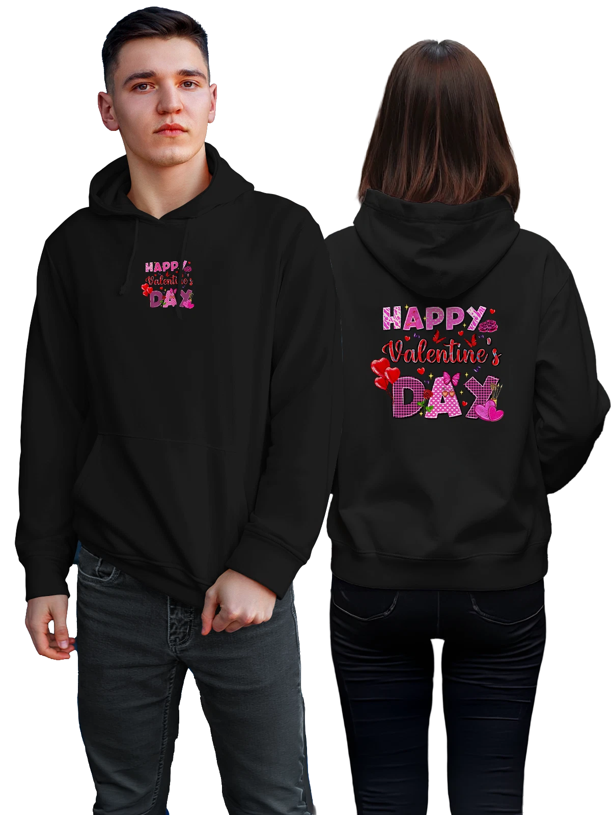 Худи Happy Valentine s Day с сердцами и розами чёрное с принтом — подарочное оформление — Чёрная, фото 1