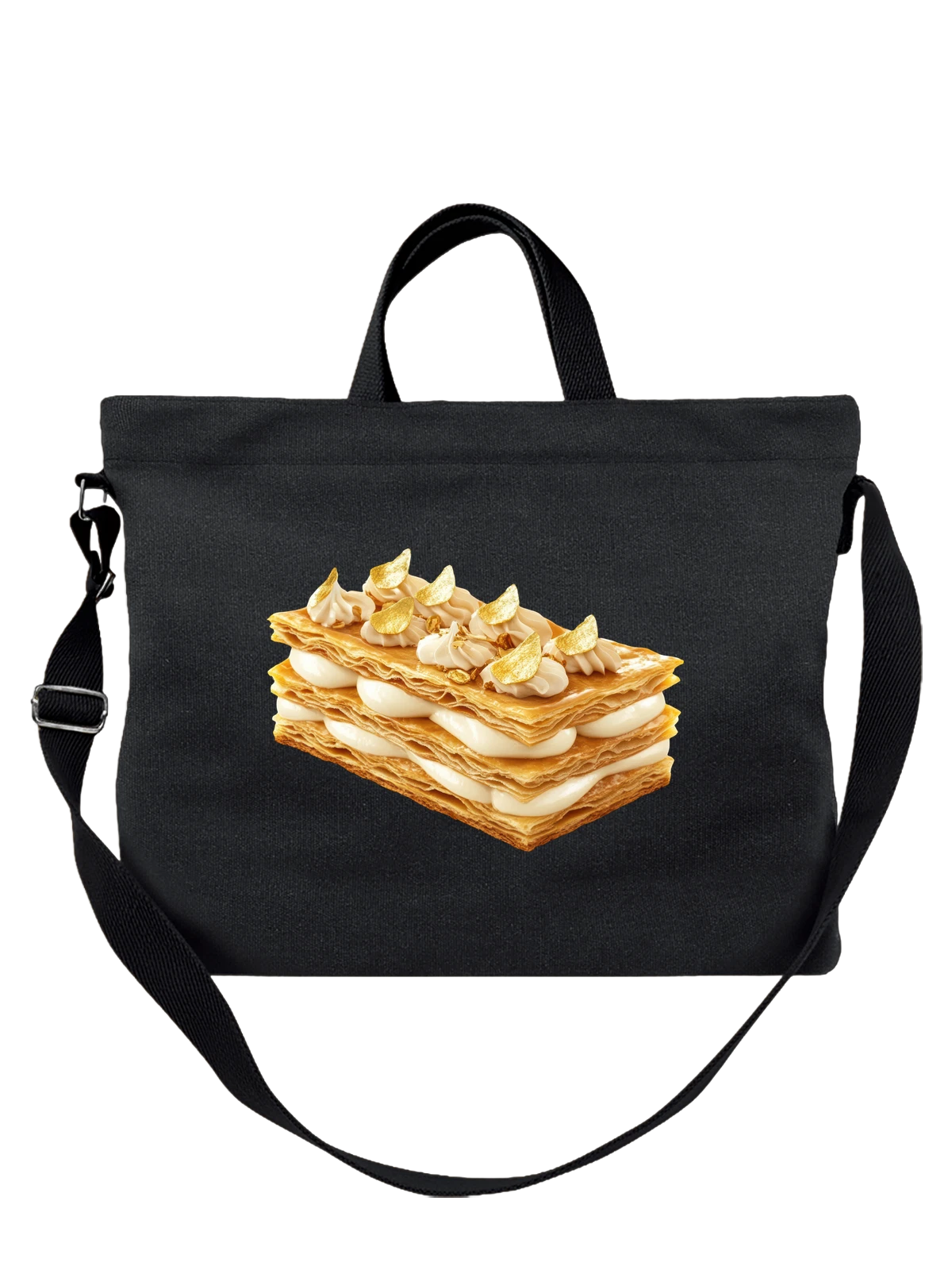 Сумка чёрная с принтом Торт Наполеон mille-feuille с кремом — кремовый десерт — Чёрная, фото 1