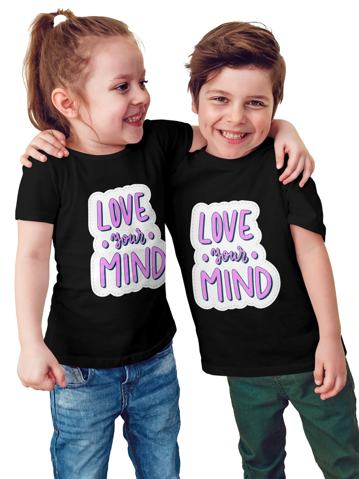 Футболка детская Надпись Love your Mind чёрная с принтом — принт на одежду — Чёрная, фото 1