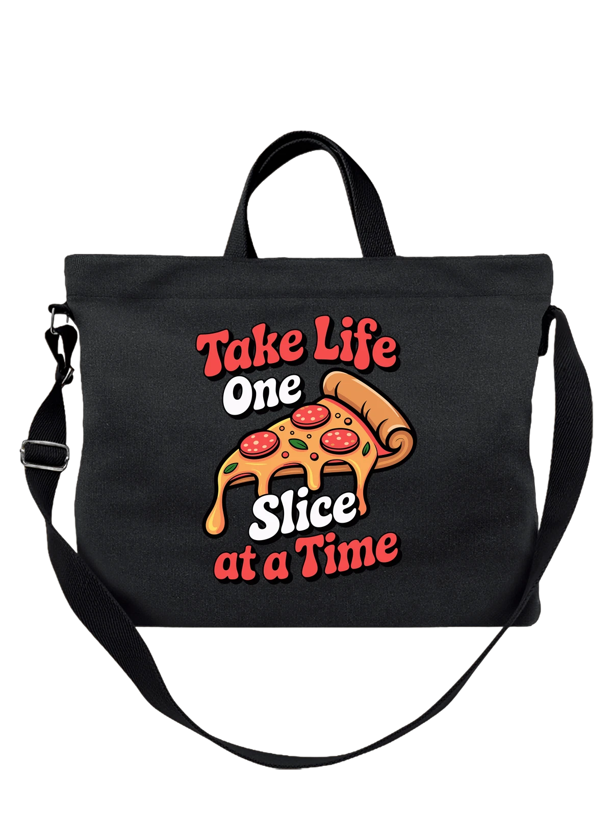 Сумка чёрная с принтом с куском пиццы и надписью Take One Slice at a Time — смешной принт — Чёрная, фото 1