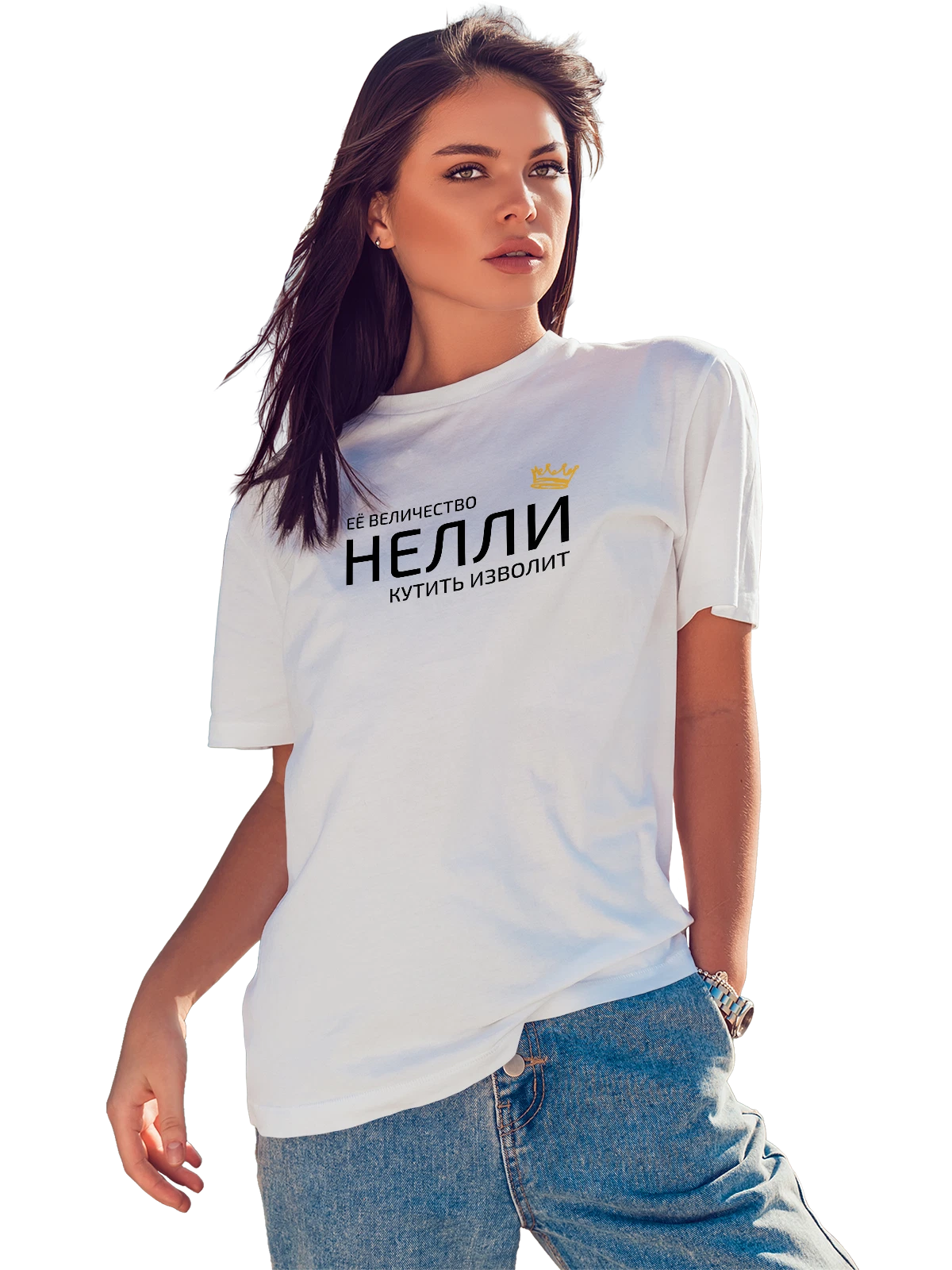 Футболка Имя Нелли с короной белая с принтом — надпись с именем — Белая, фото 1