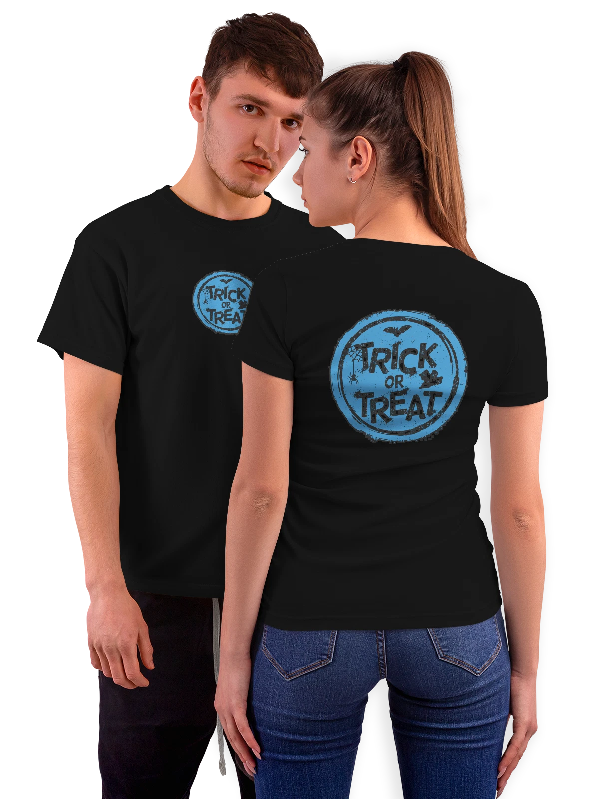Футболка Хэллоуин надпись trick or treat чёрная с принтом на спине — ужасы — Чёрная, фото 1