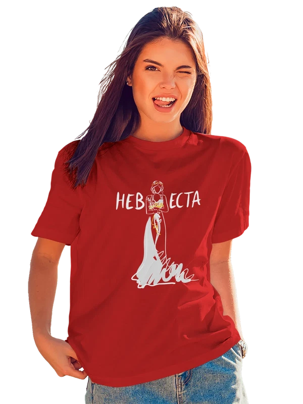Футболка невеста с рисунком девушки на свадьбу — Красная, фото 1