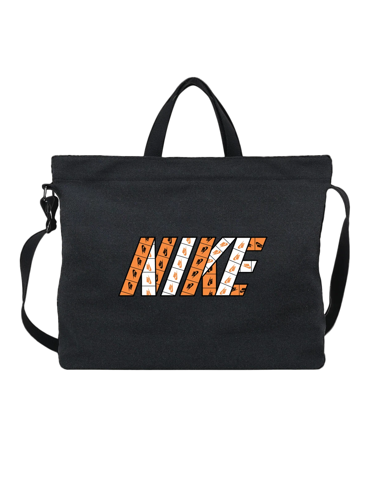 Сумка с логотипом Nike на фоне ломаных блоков чёрная с принтом — фирменная надпись — Чёрная, фото 1