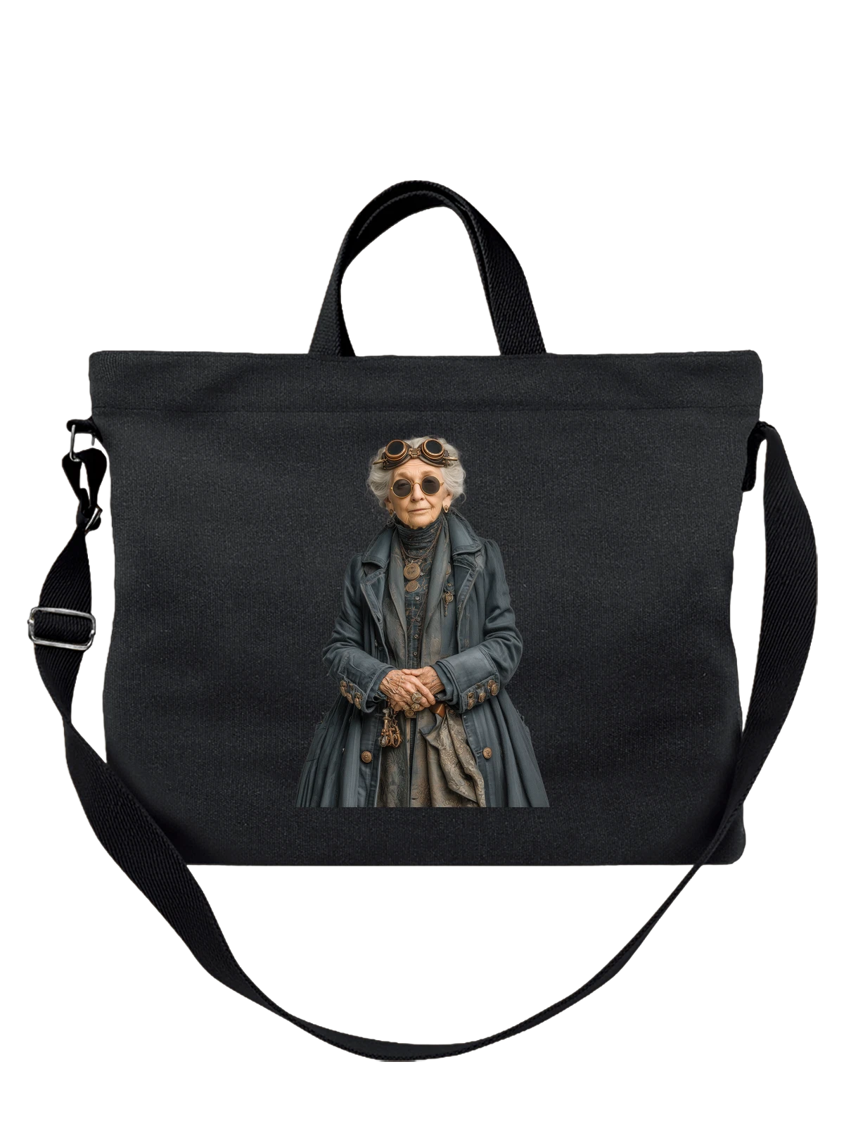 Сумка чёрная с принтом Steampunk elderly woman в очках и шляпе — ретро одежда — Чёрная, фото 1