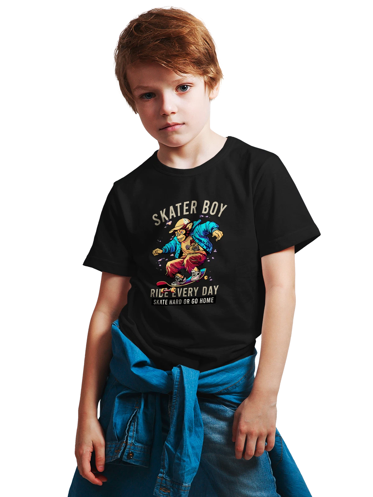 Футболка детская Обезьяна на скейте skater boy чёрная с принтом — подарок любителю животных — Чёрная, фото 1