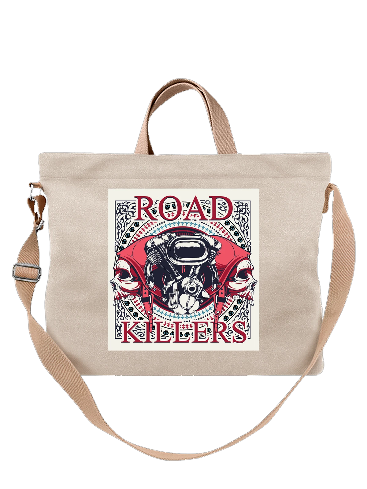 Сумка бежевая с принтом Мотоциклист в красной бандане ROAD KILLERS — мотошлем — Бежевая, фото 1