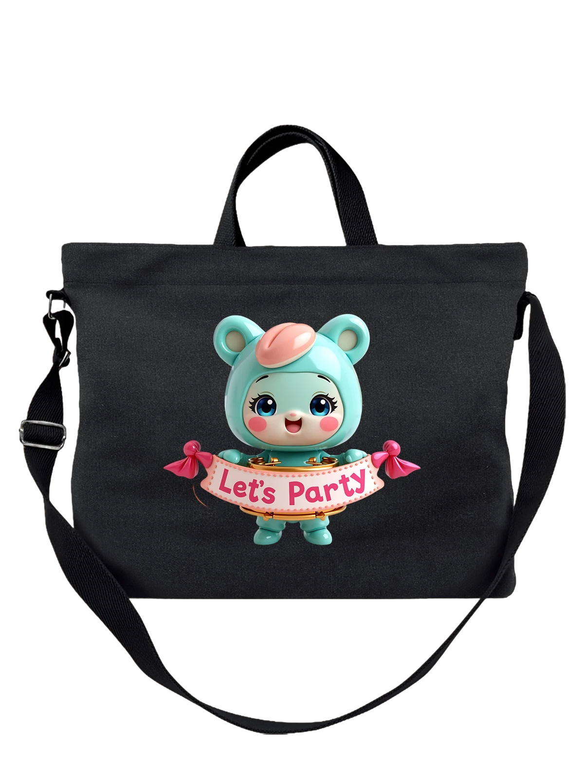 Сумка с милым bear в капюшоне и баннером Let’s Party чёрная с принтом — hooded costume — Чёрная, фото 1