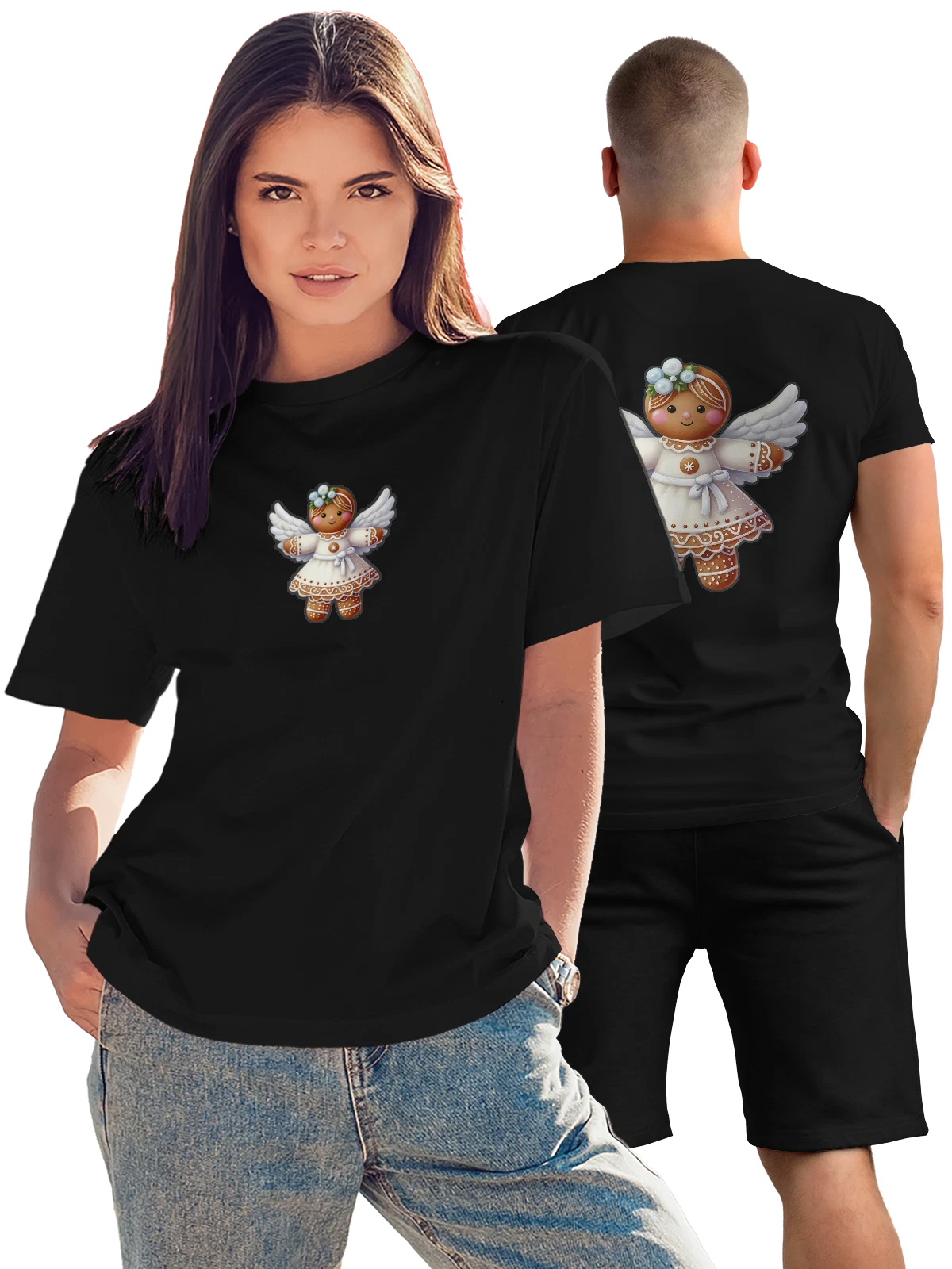 Футболка Пряничная девочка ангелочек с крыльями чёрная с принтом на спине — белое платье — Чёрная, фото 1