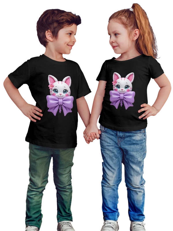 Футболка милый белый котенок kawaii с бантом — Чёрная, фото 1