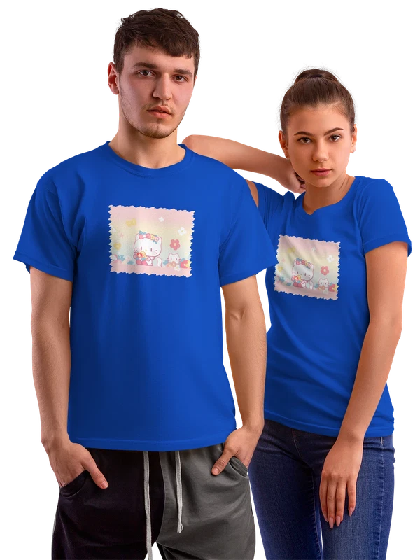 Футболка Милый Hello Kitties цветочный фон — Синяя, фото 1