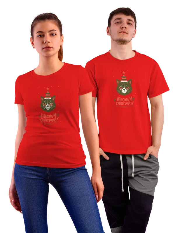 Футболка Кот Meowy Christmas cartoon новогодняя шапка — Красная, фото 1