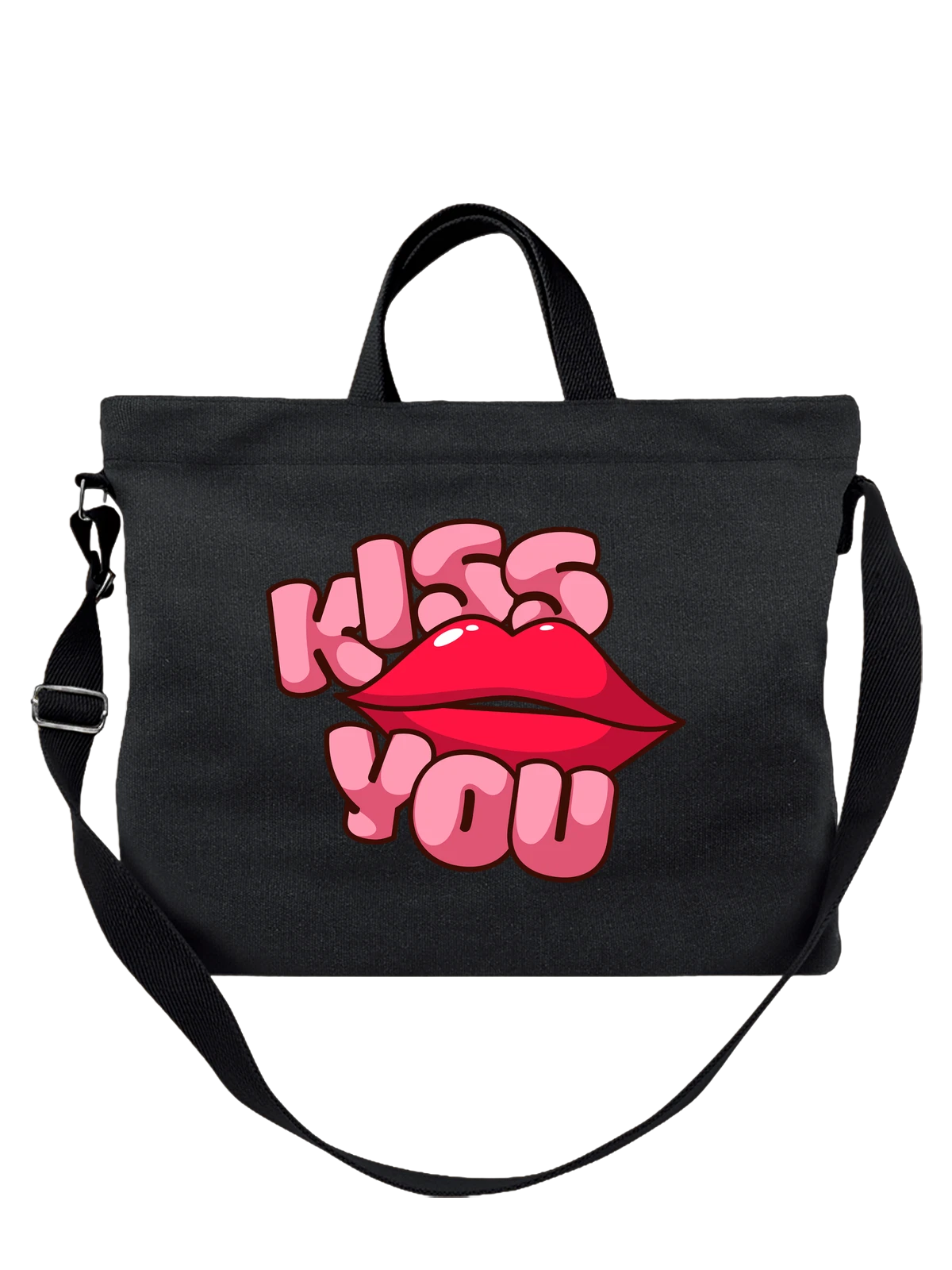 Сумка чёрная с принтом Kiss You губы в розовом неоне — текстовый принт — Чёрная, фото 1
