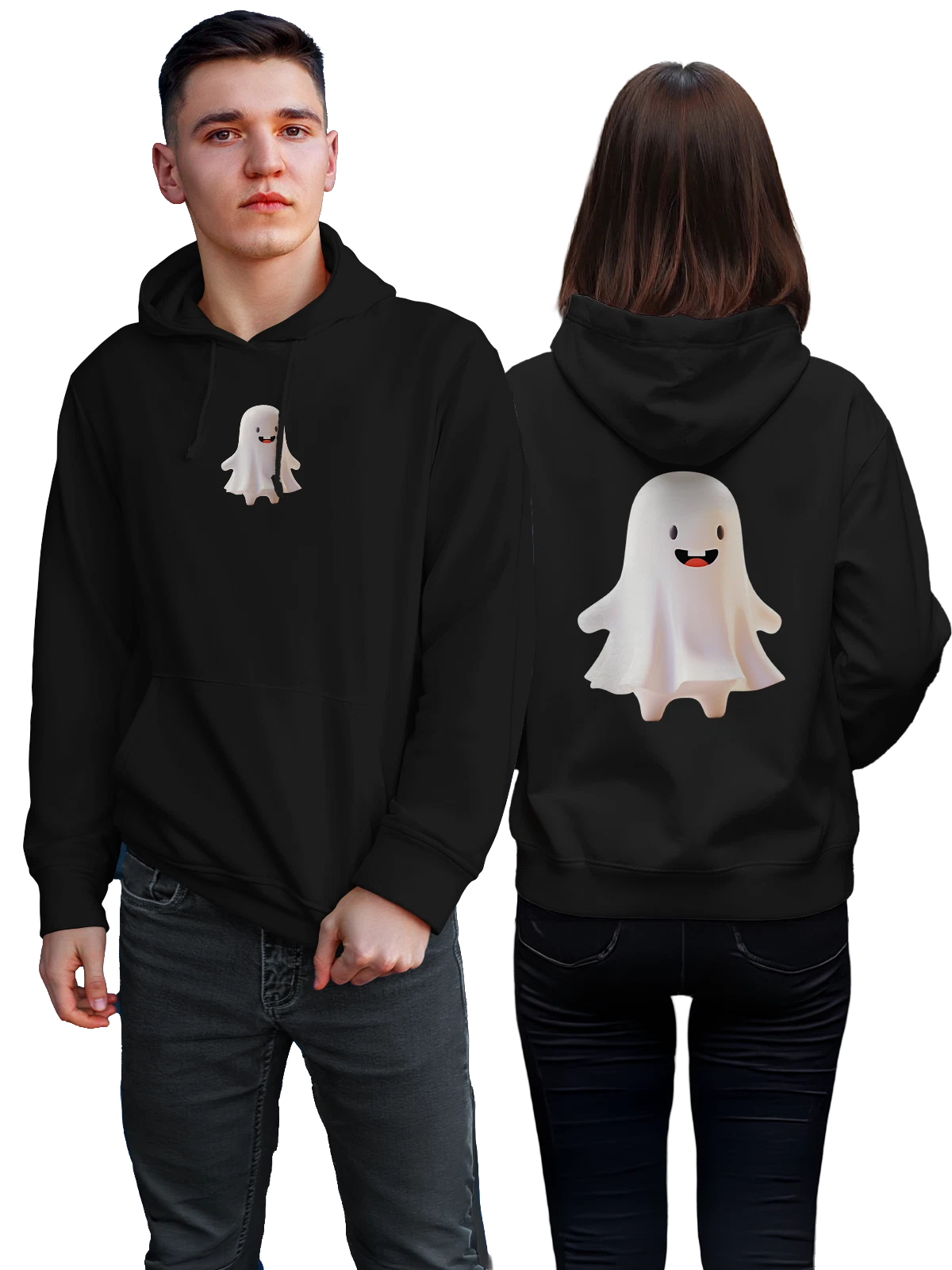 Худи Милый белый призрак с улыбкой и руками чёрное с принтом — halloween ghost — Чёрная, фото 1