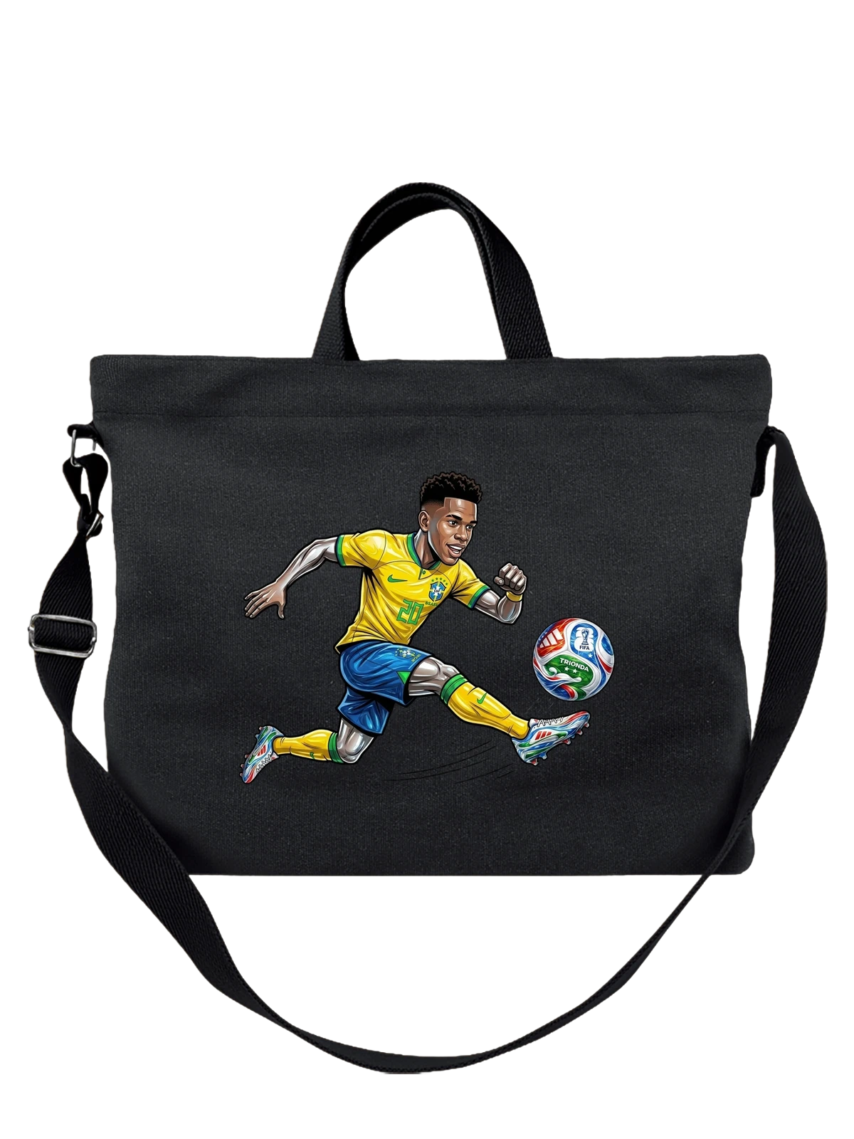 Сумка чёрная с принтом Бразильский футболист Neymar Jr FIFA в желтой форме — спортивный прыжок — Чёрная, фото 1