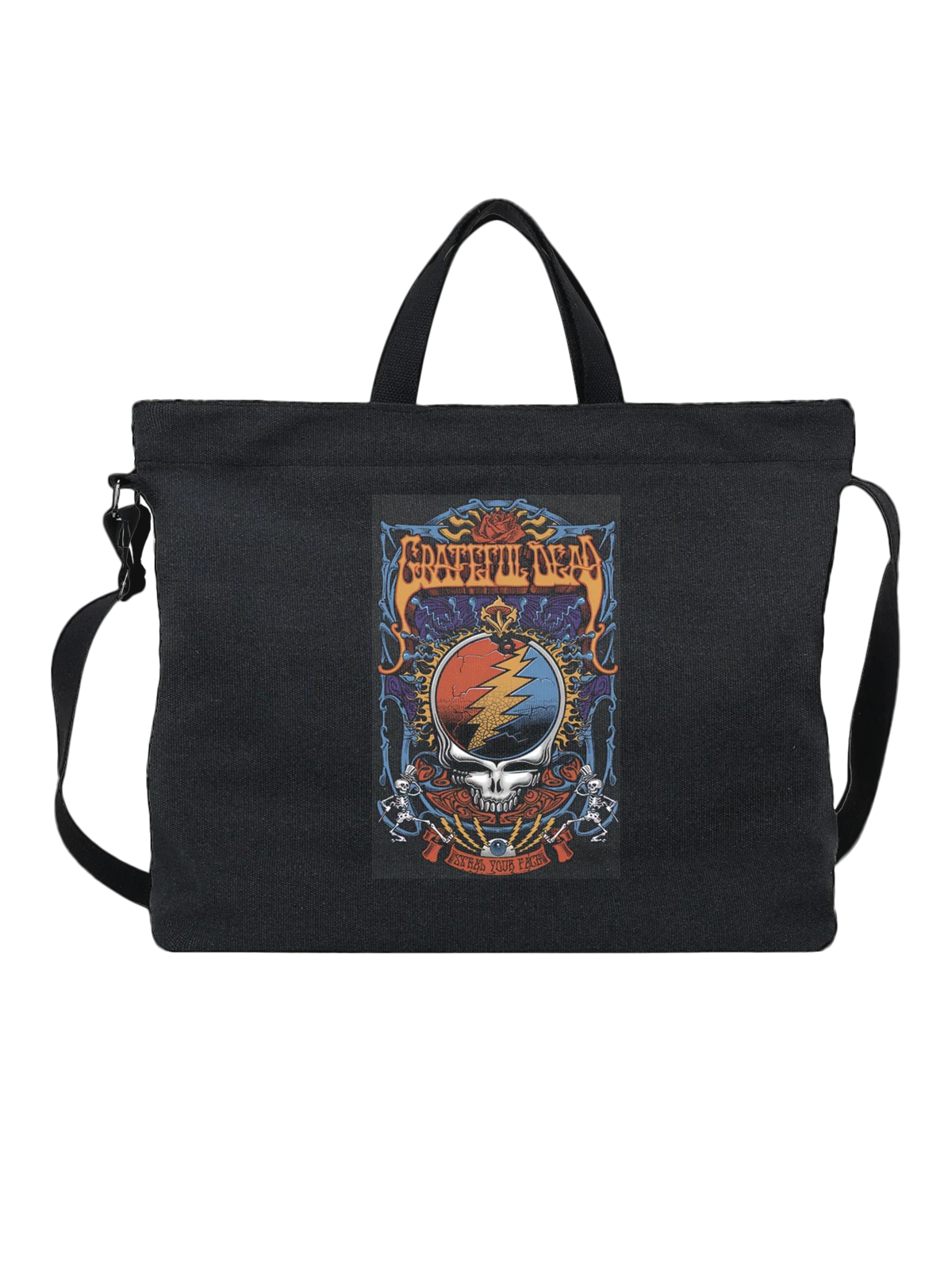 Сумка чёрная с принтом Grateful Dead череп с молнией и розой — арт-принт — Чёрная, фото 1