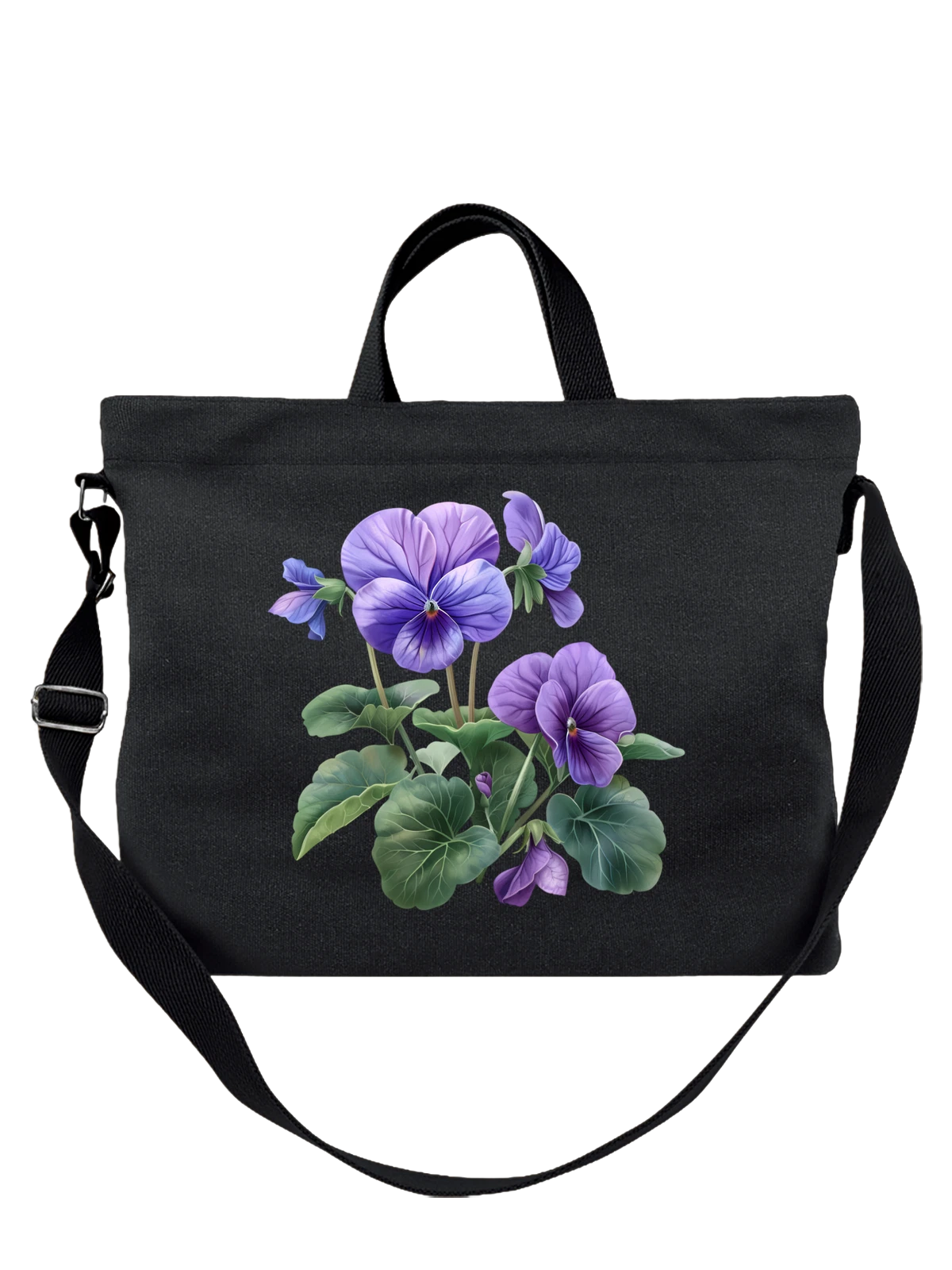 Сумка с violet pansy и листьями чёрная с принтом — green leaves — Чёрная, фото 1