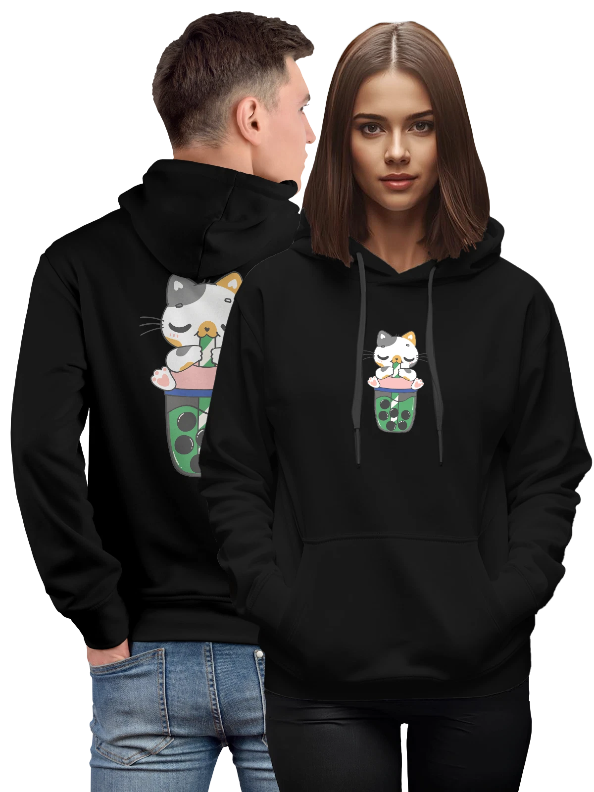 Худи Милый кот с бабл ти в стакане лапы чёрное с принтом — сладкий напиток — Чёрная, фото 1