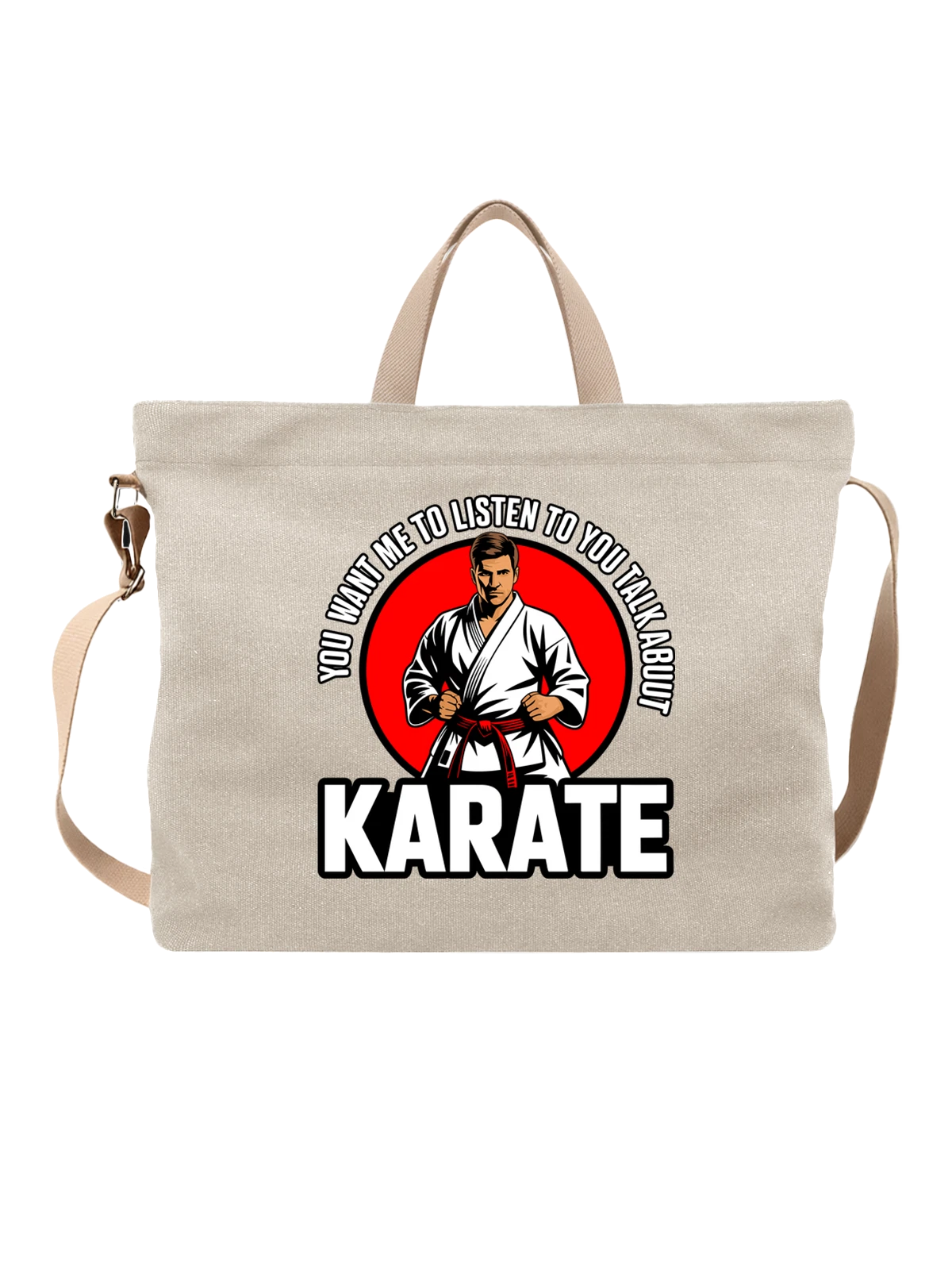 Сумка бежевая с принтом Каратист в кимоно с красным поясом KARATE — белый ги — Бежевая, фото 1