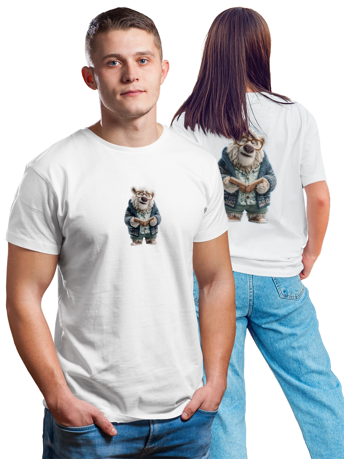 Футболка Медведь в очках читает книгу кардигане белая с принтом на спине — книжный медведь — Белая, фото 1