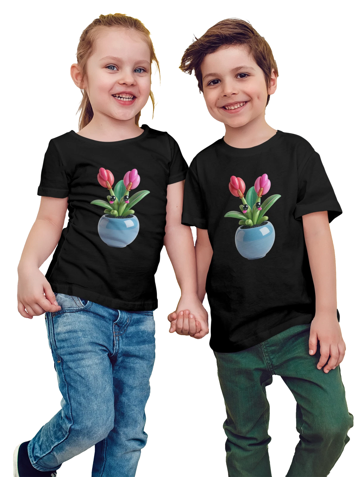 Футболка детская Мультяшный тюльпан в голубом горшке чёрная с принтом — зелёные листья — Чёрная, фото 1