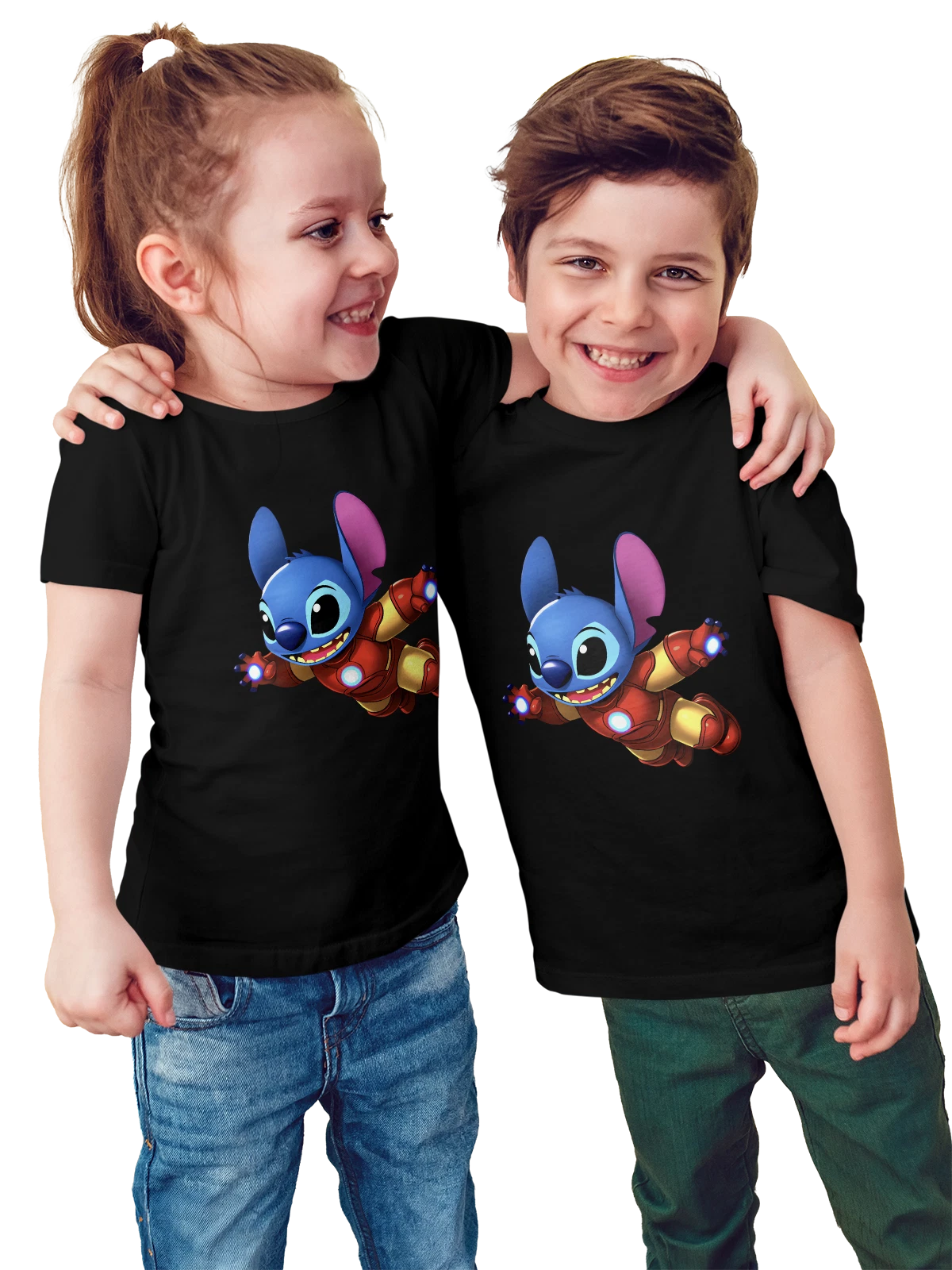 Футболка детская Стич Stitch мультфильм Железный человек герой чёрная с принтом — красно-желтый костюм — Чёрная, фото 1
