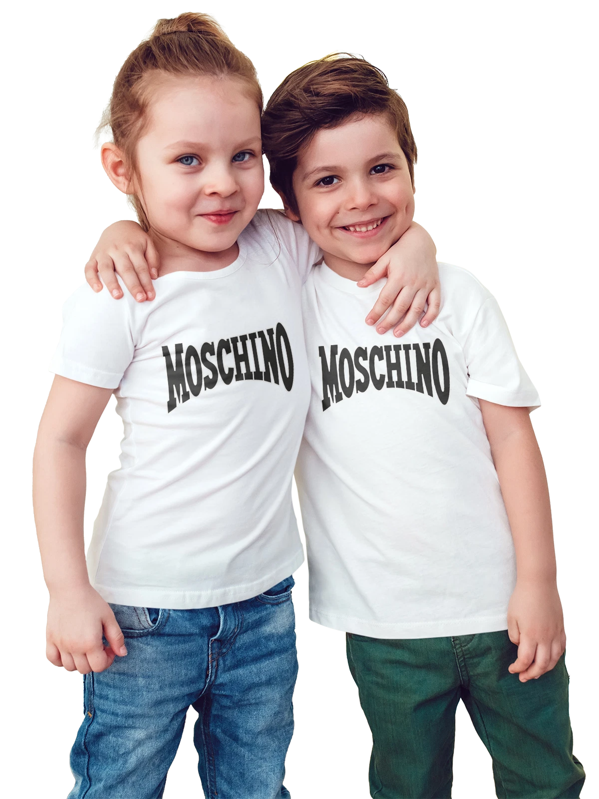 Футболка детская Moschino с крупной черной надписью белая с принтом — черно белая графика — Белая, фото 1