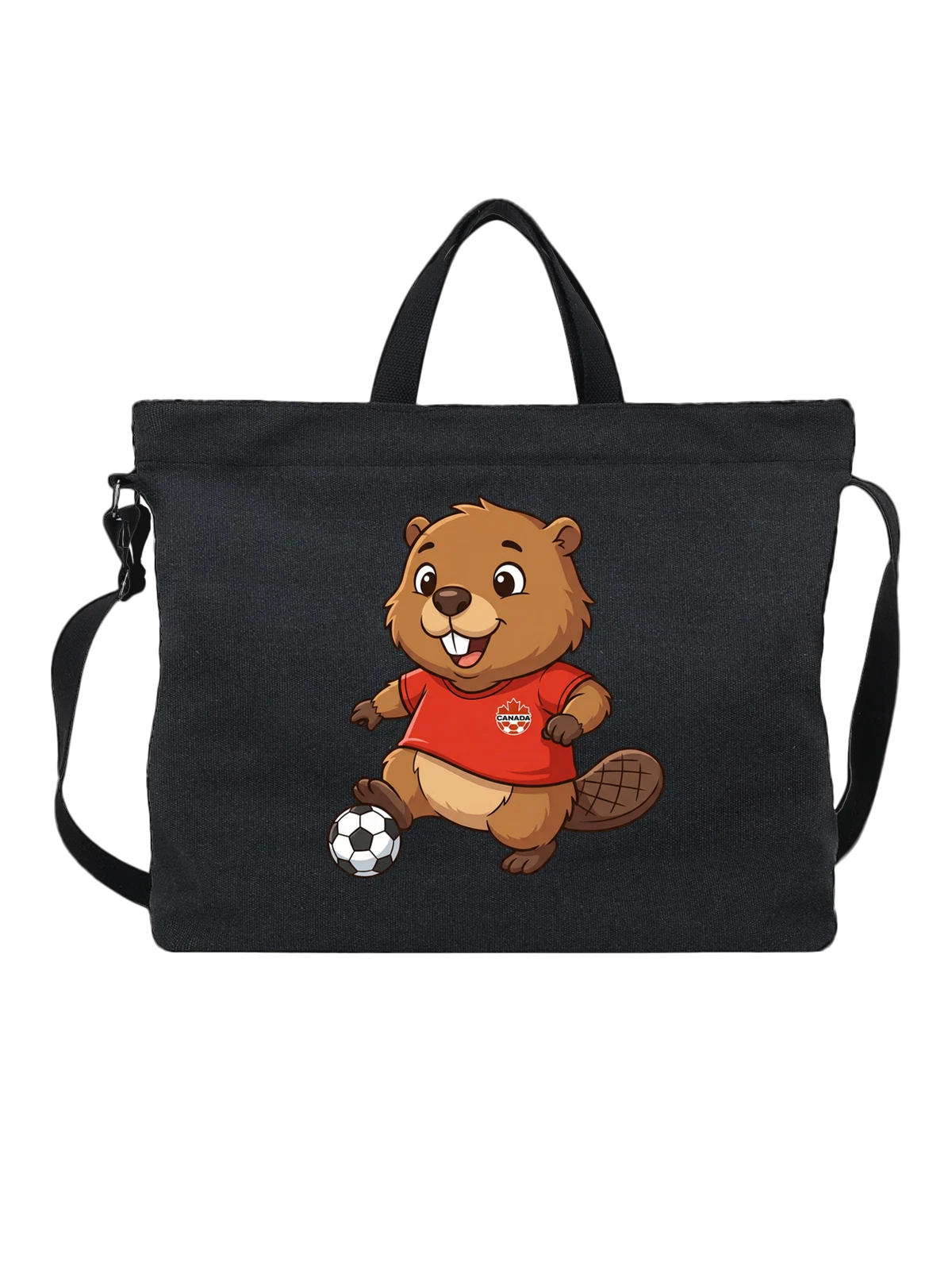 Сумка чёрная с принтом Бобр в красной футбольной форме Canada — красная soccer jersey — Чёрная, фото 1