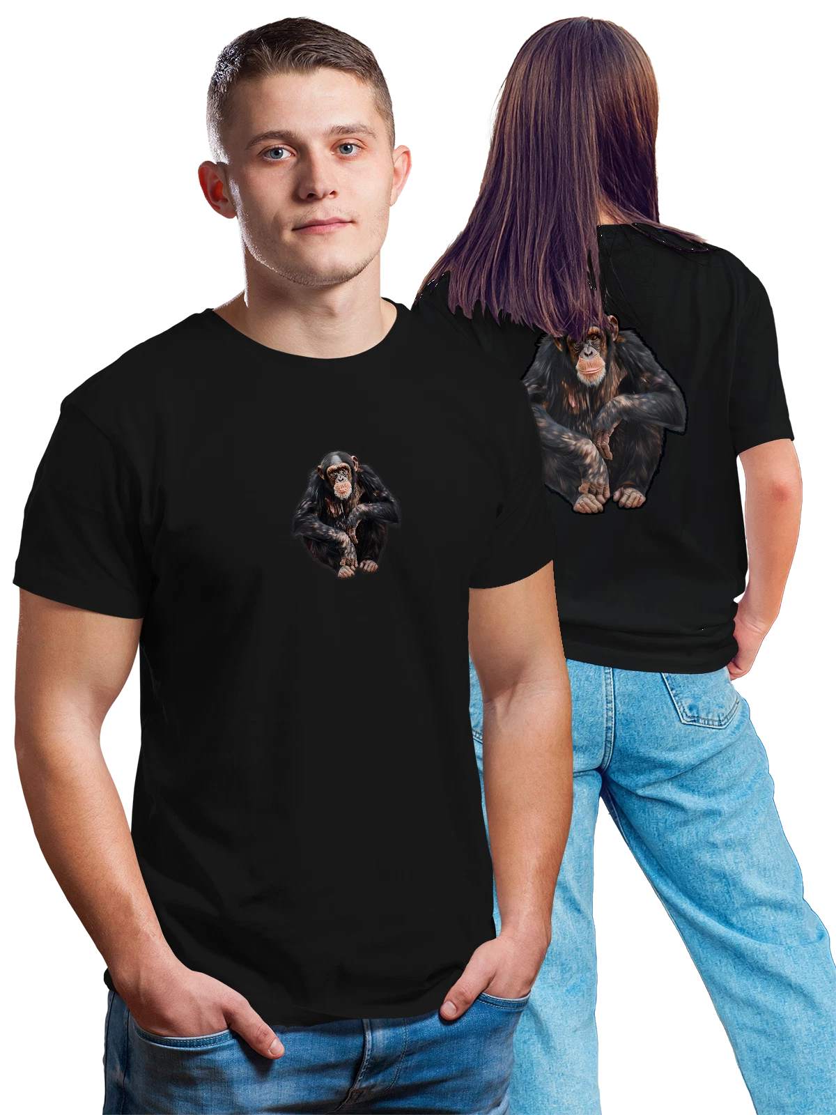 Футболка Шимпанзе сидящий в реалистичном стиле чёрная с принтом на спине — африканская фауна — Чёрная, фото 1