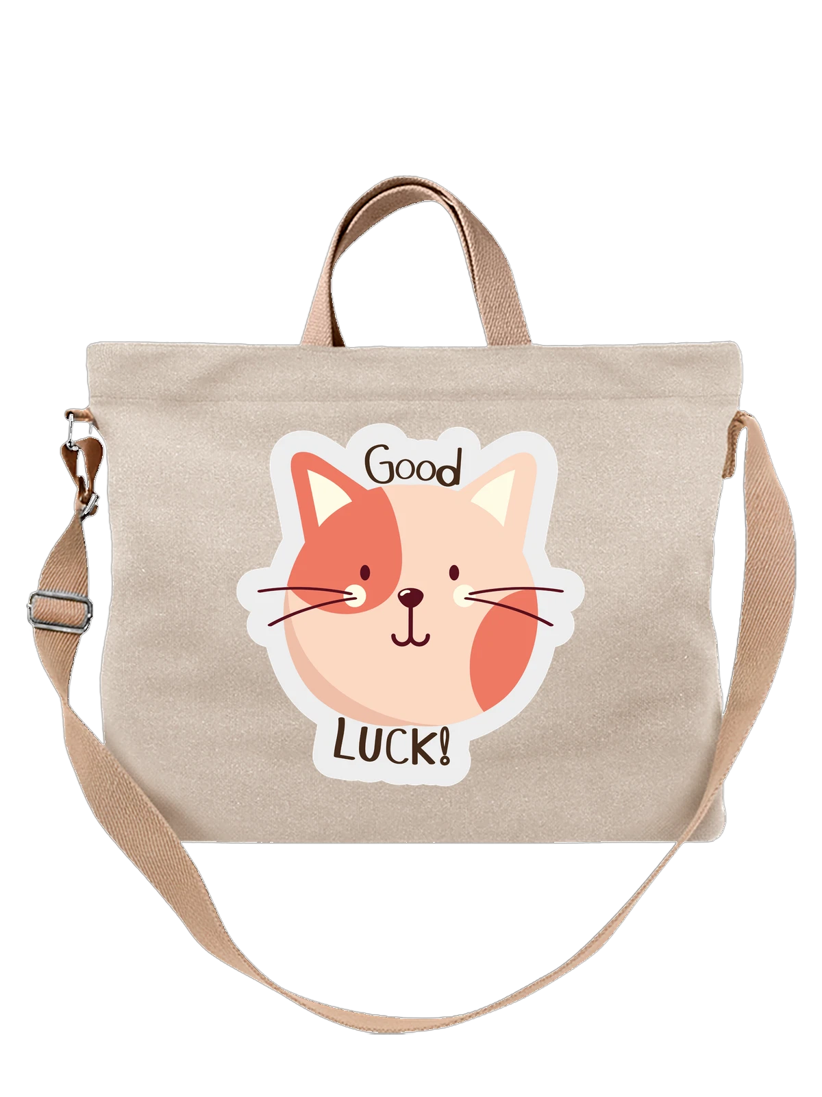 Сумка бежевая с принтом Милая кошка Good Luck — кот с надписью Good Luck — Бежевая, фото 1