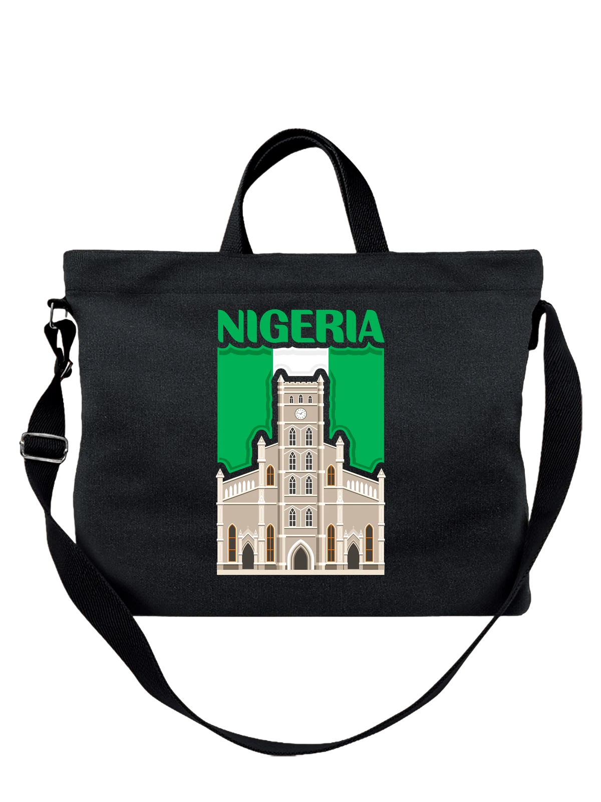Сумка с флагом Нигерии Nigeria церковь чёрная с принтом — патриотический принт — Чёрная, фото 1