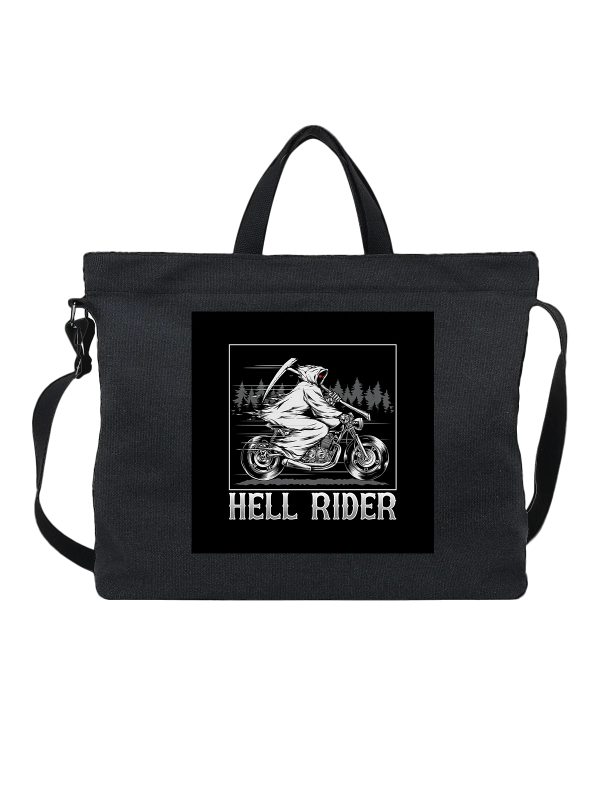 Сумка чёрная с принтом Hell Rider призрачный всадник на мотоцикле — ели — Чёрная, фото 1
