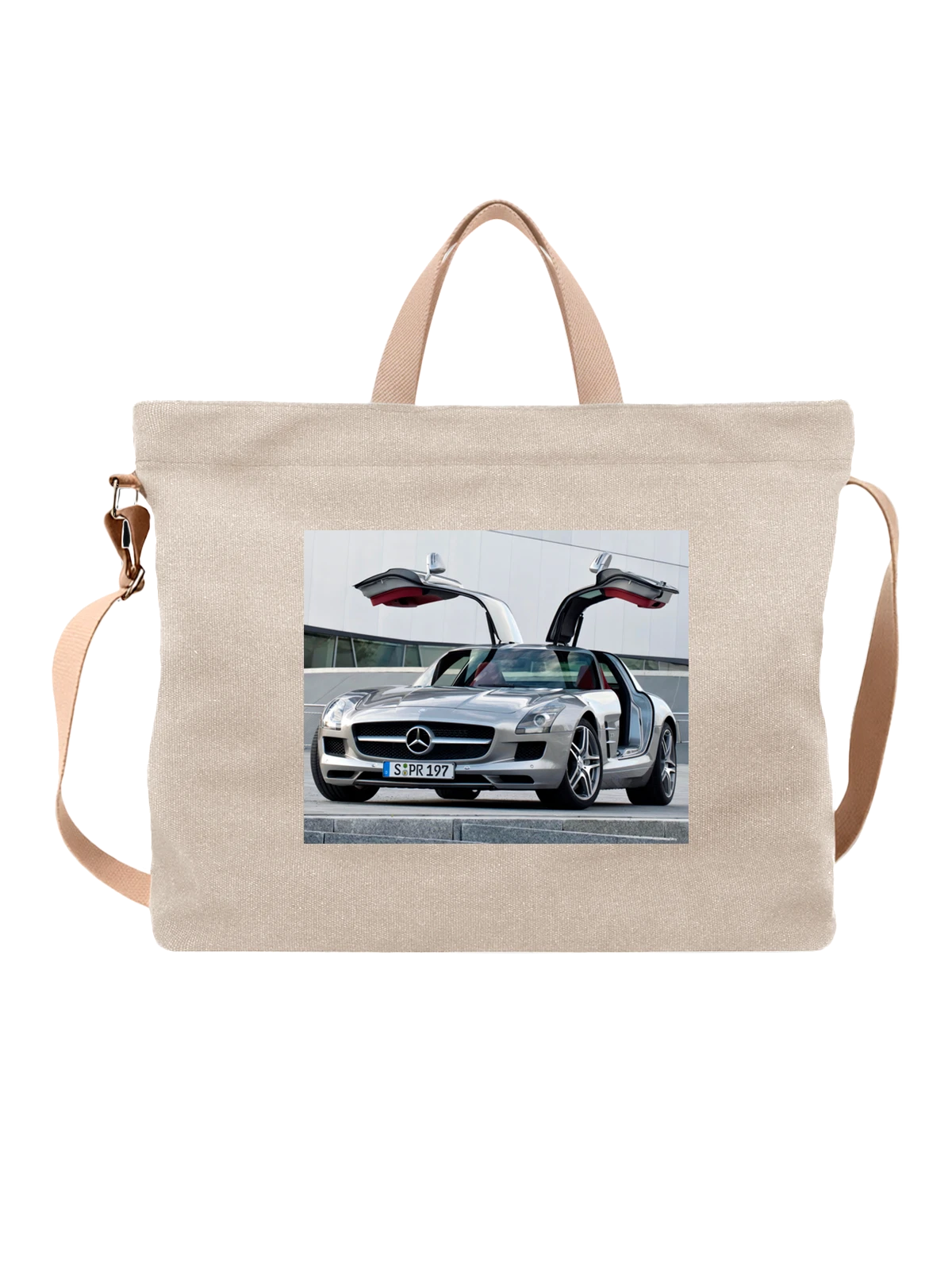 Сумка бежевая с принтом Машина AMG SLS63 Set mercedes benz — мощный двигатель — Бежевая, фото 1