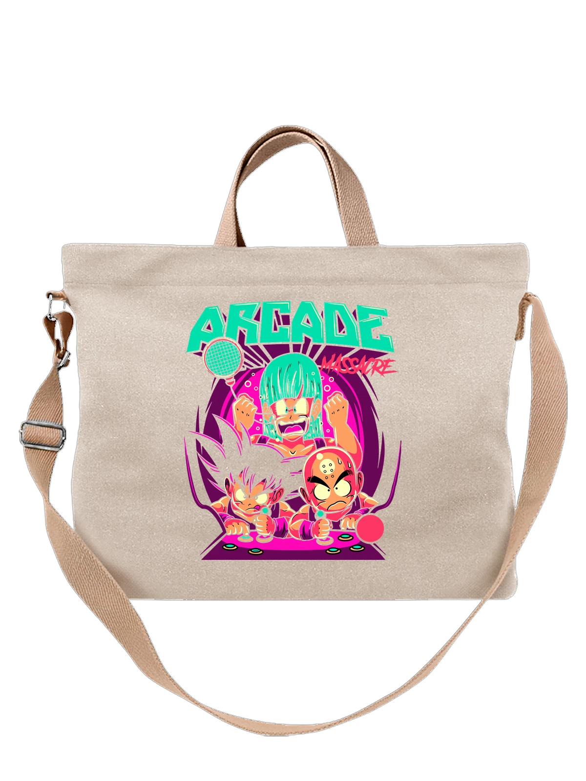 Сумка Аниме Arcade Massacre с бойцами-аркадниками белая с принтом — бирюзовый — Белая, фото 1