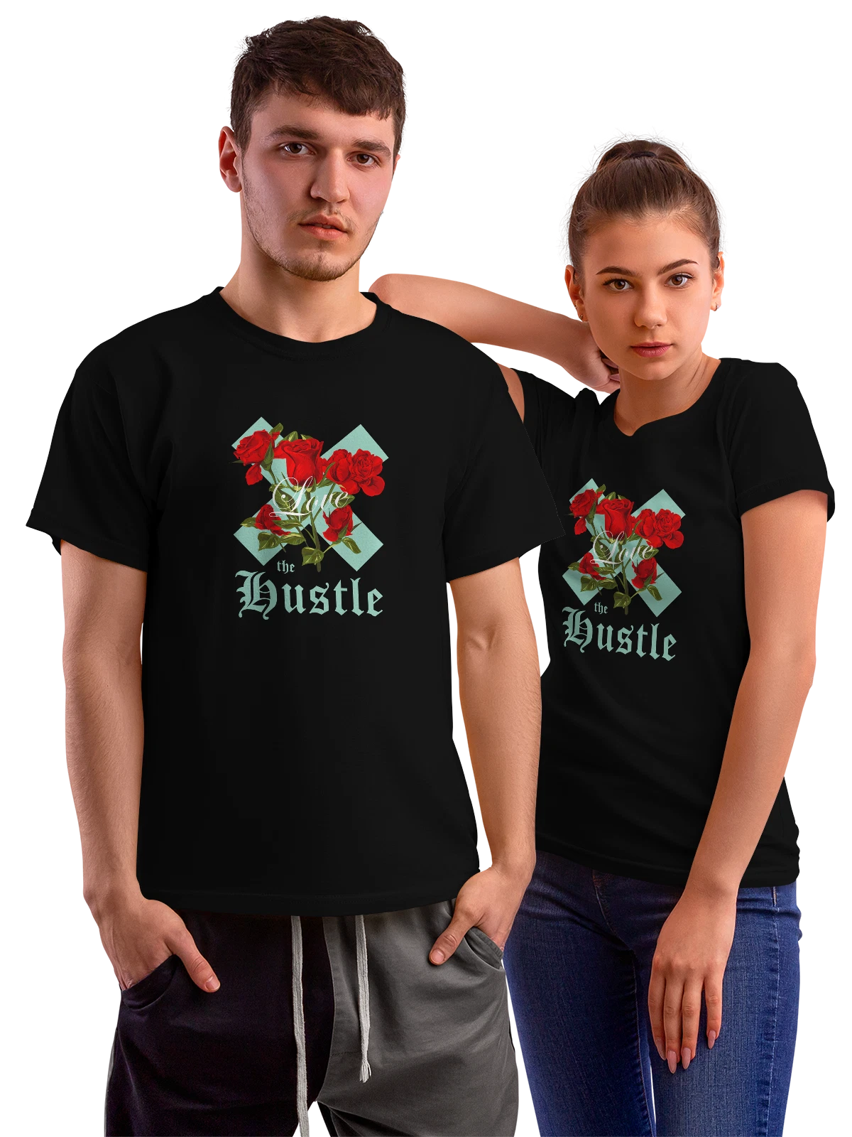 Футболка с цветами розами love the hustle чёрная с принтом — парный образ — Чёрная, фото 1