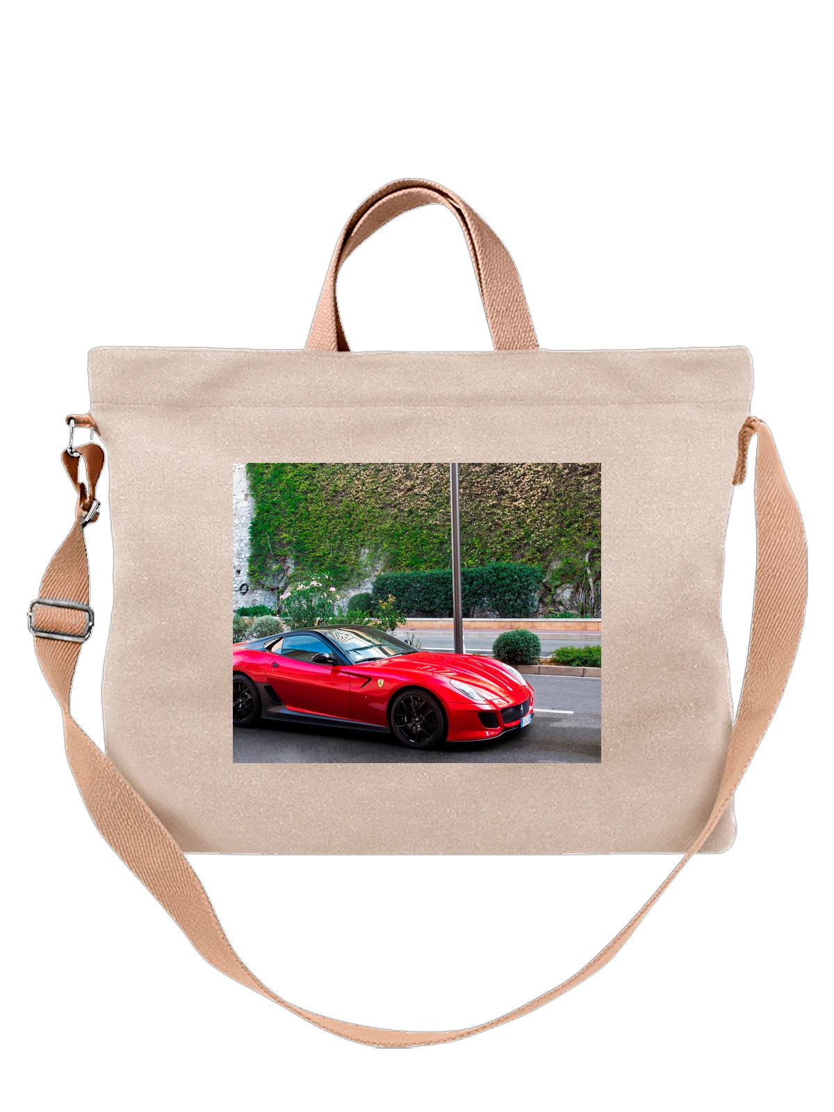 Сумка бежевая с принтом Машина красная блестящая ferrari — натуральные цвета — Бежевая, фото 1