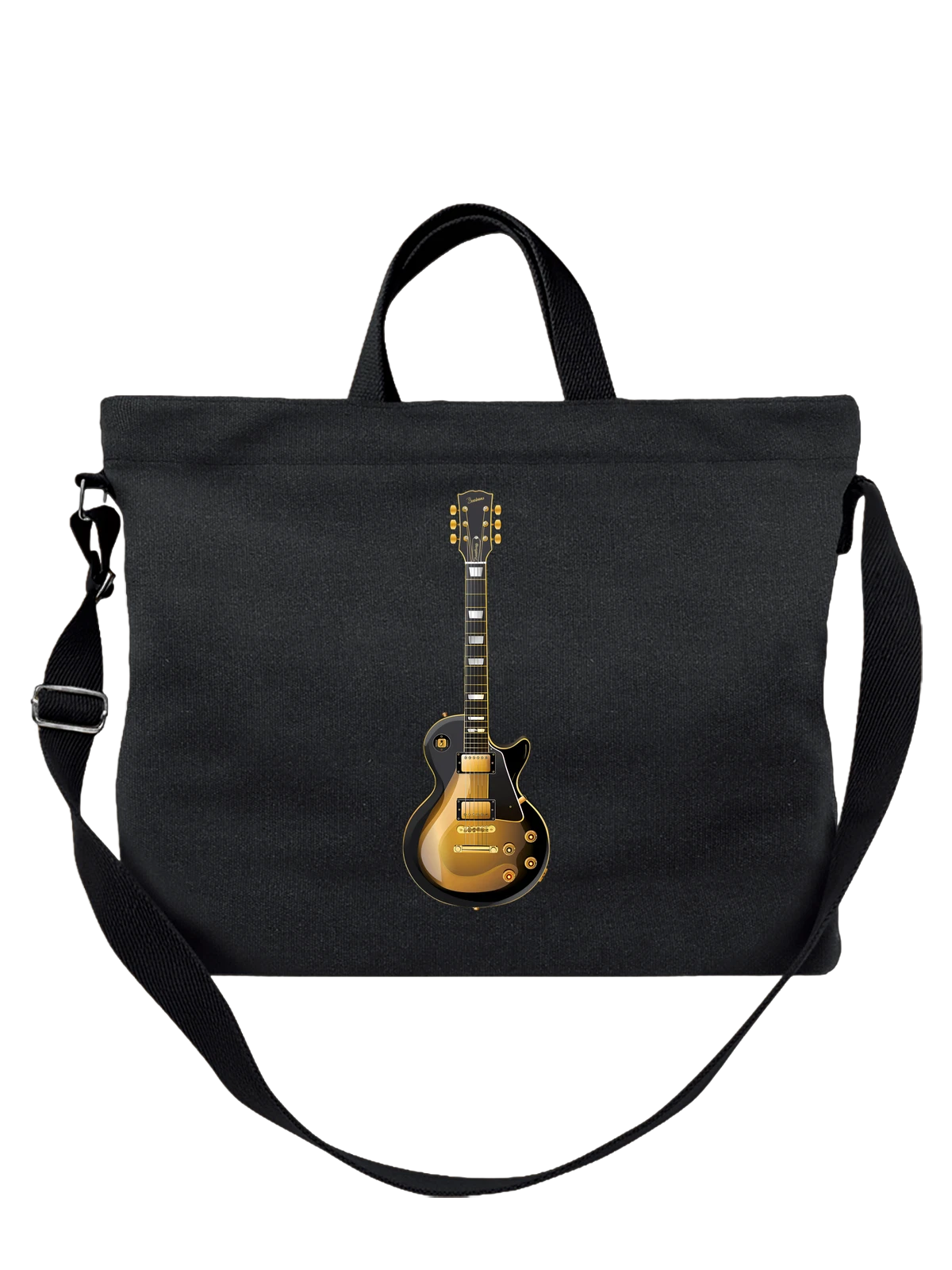 Сумка чёрная с принтом Электрогитара Gibson Les Paul черно золотая — струны — Чёрная, фото 1