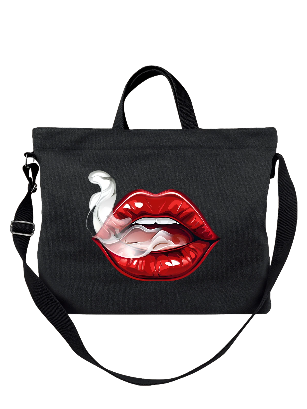 Сумка чёрная с принтом Красные губы с белым дымом — lips art — Чёрная, фото 1