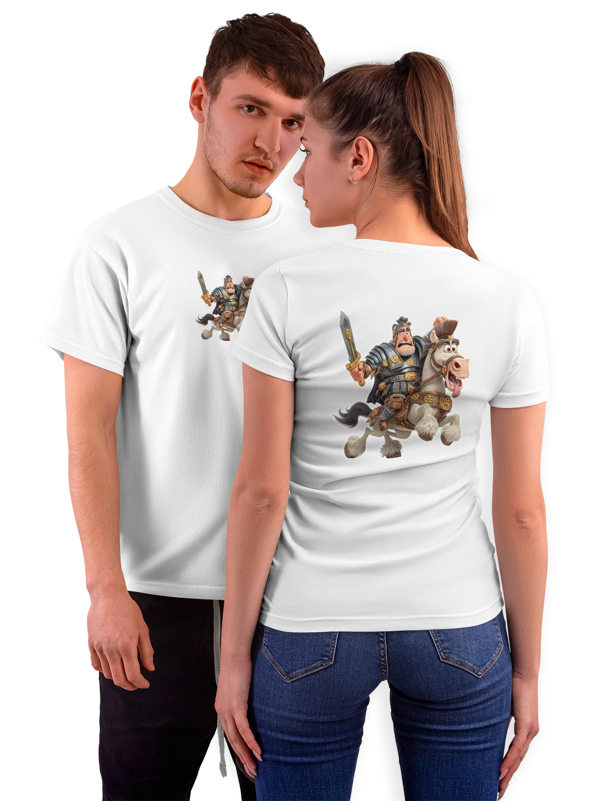 Футболка Рыцарь на белой лошади с мечом белая с принтом на спине — средневековье — Белая, фото 1