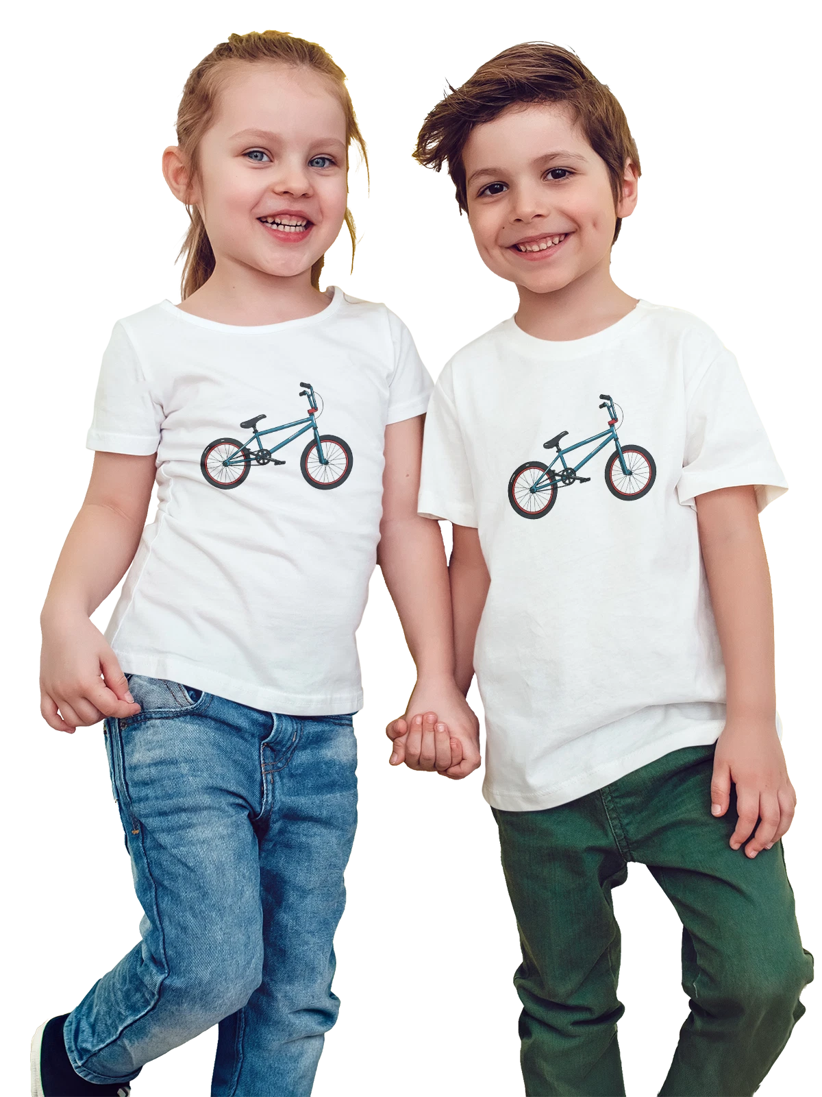 Футболка детская с синим BMX велосипедом и красными колёсами белая с принтом — городской байк — Белая, фото 1