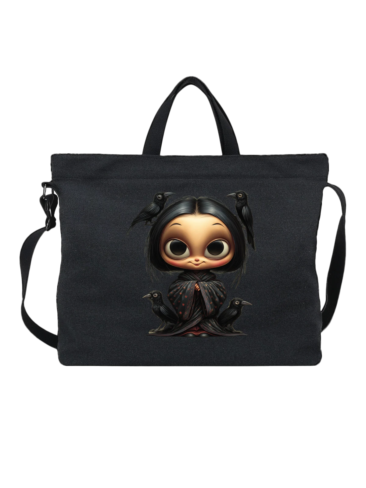 Сумка чёрная с принтом Девочка с воронами в черном плаще — сказочная иллюстрация — Чёрная, фото 1